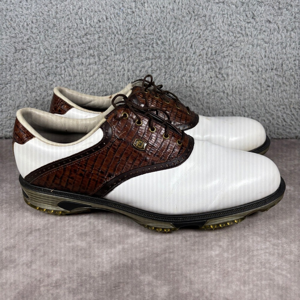 FootJoy Golf Shoes Mens 13 White Brown DryJoys Tour 53612 Croc Saddle Spiked